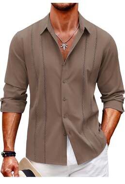 COOFANDY Men's Long Sleeve Cuban Guayabera Shirt Casual Button Down Beach Shirt